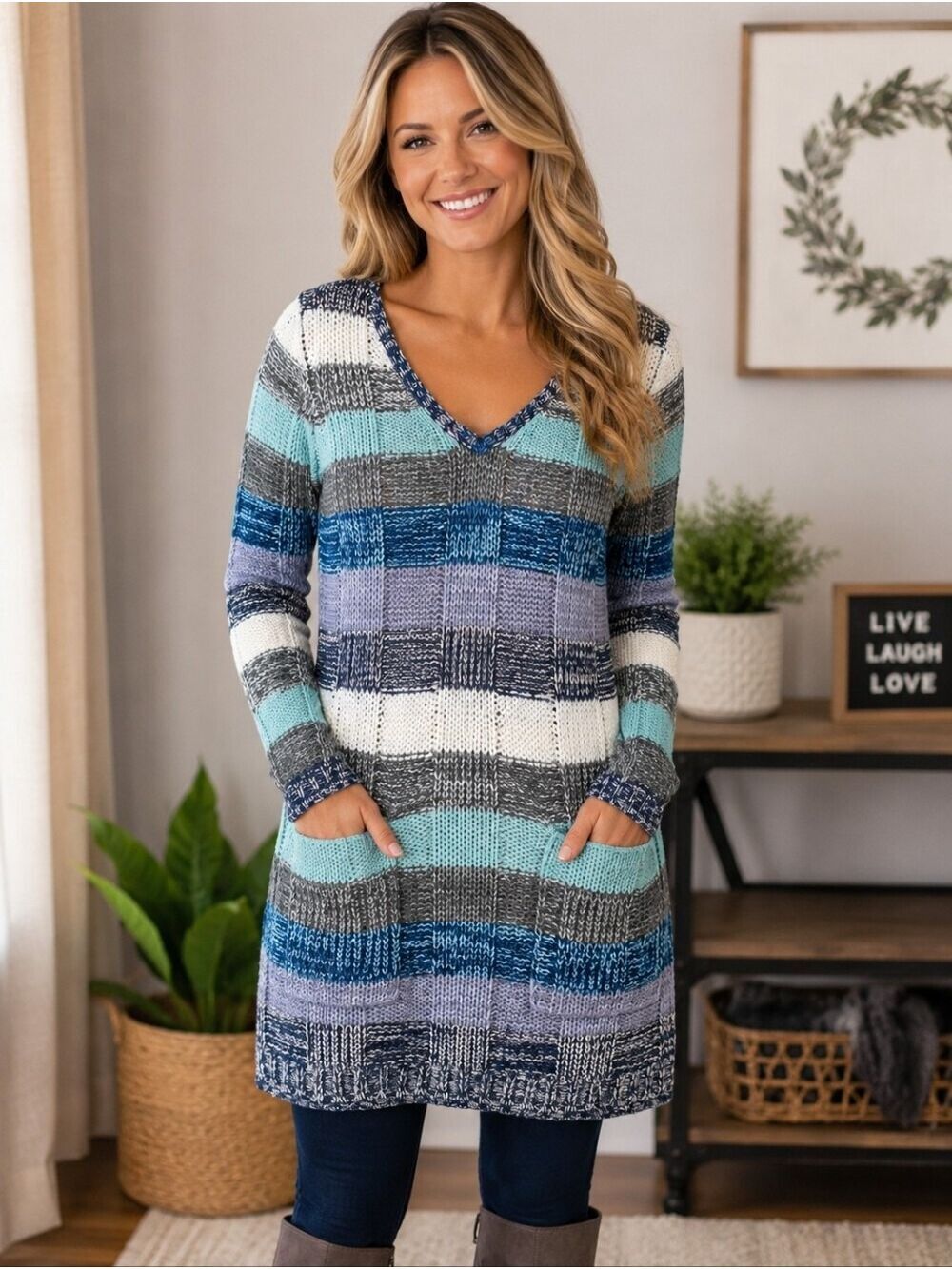 Ultra Flirt Multicolor Knit Tunic Sweater with Pockets | Size Large